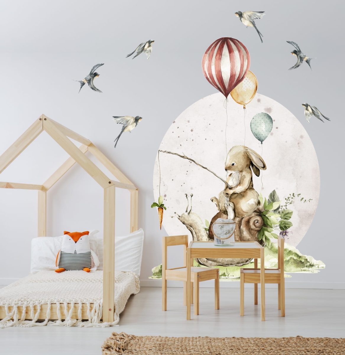 Zajączek i ślimak z balonami – akwarelna naklejka Little Woodland nr 3