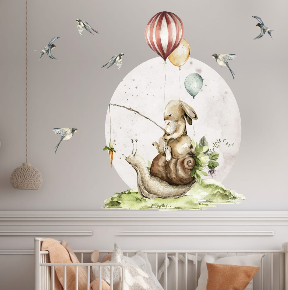 Bajkowa ilustracja z zajączkiem na ślimaku – Little Woodland nr 3