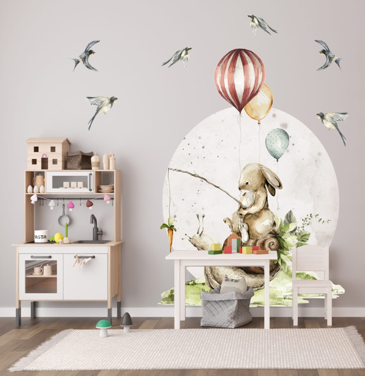 ❤ Zajączek na ślimaku z balonami – naklejka na ścianę Little Woodland nr 3