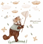 Naklejka na ścianę - Leśne zwierzęta- Jenot z siatką, chmurki, motylki.jpg