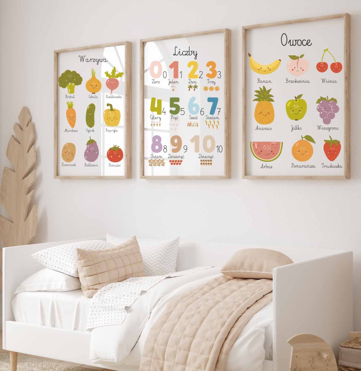 Plakat, obrazek edukacyjny  Montessori warzywa, liczby, owoce.jpg