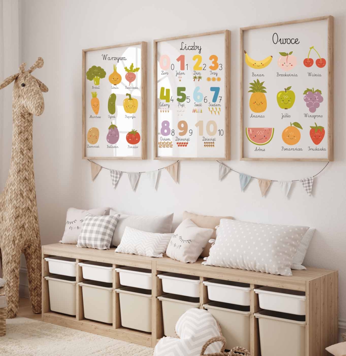 Plakat, obrazek edukacyjny na ścianę  Montessori owoce, warzywa, liczby.jpg