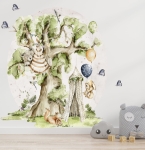 Naklejka na ścianę Little Woodland zestaw 7 – miś na drzewie, zajączek z balonem