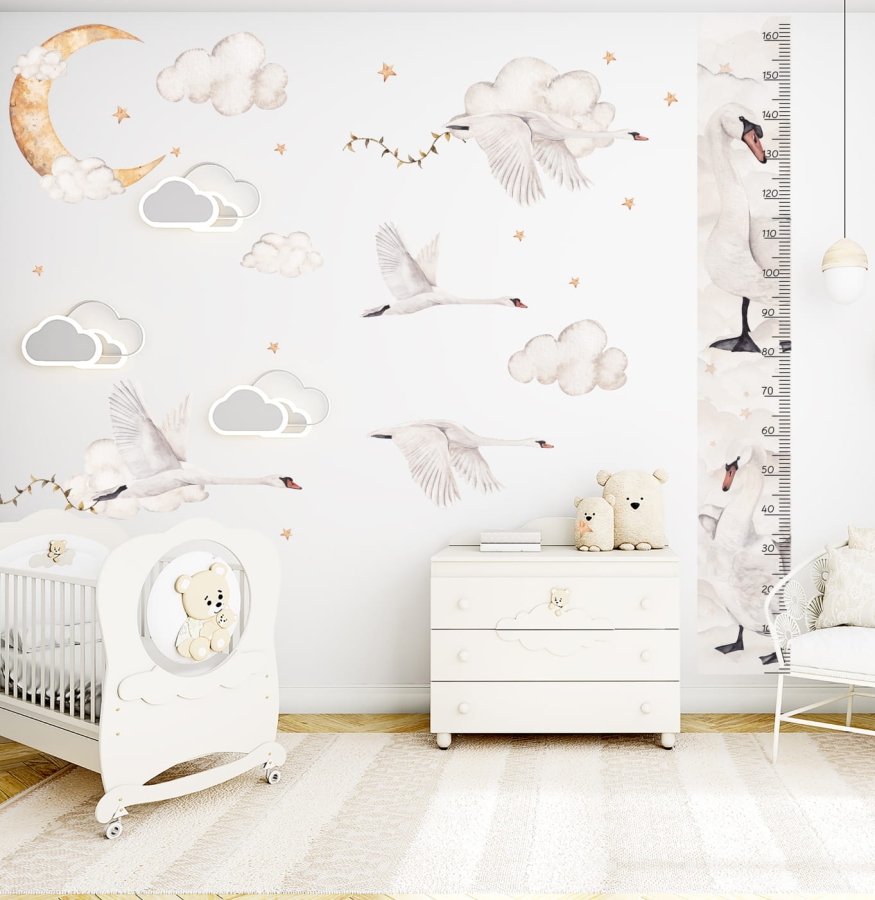 Miarka Wzrostu Łabędzie DK147 – naklejka na ścianę, tło akwarela – Mała Pracownia