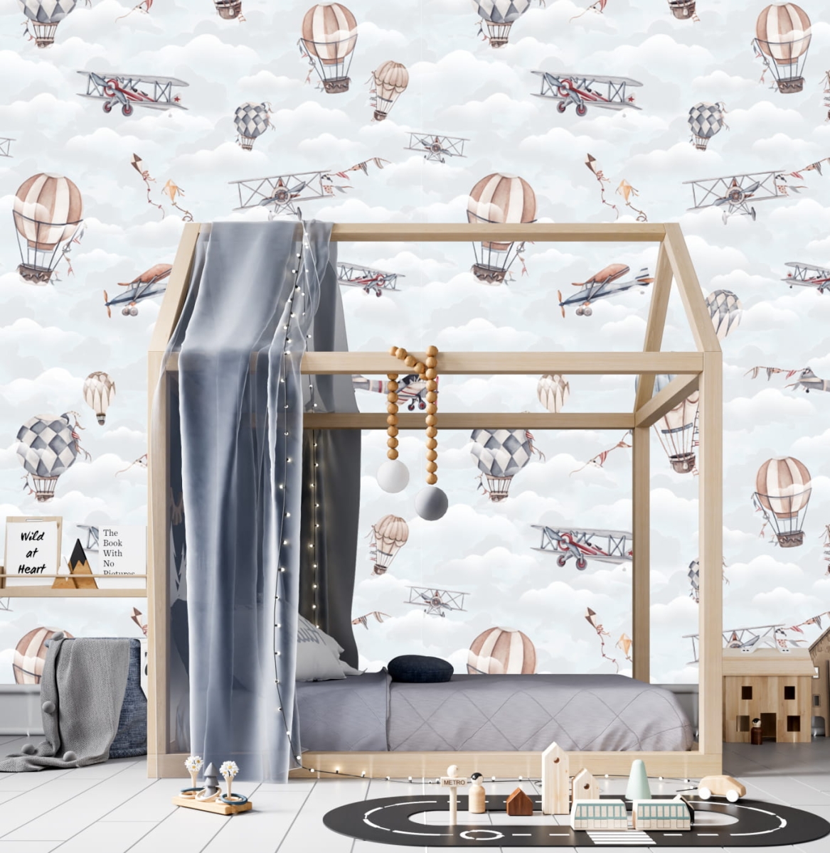 Mała Pracownia DK - Tapeta retro samoloty, balony błękit.jpg