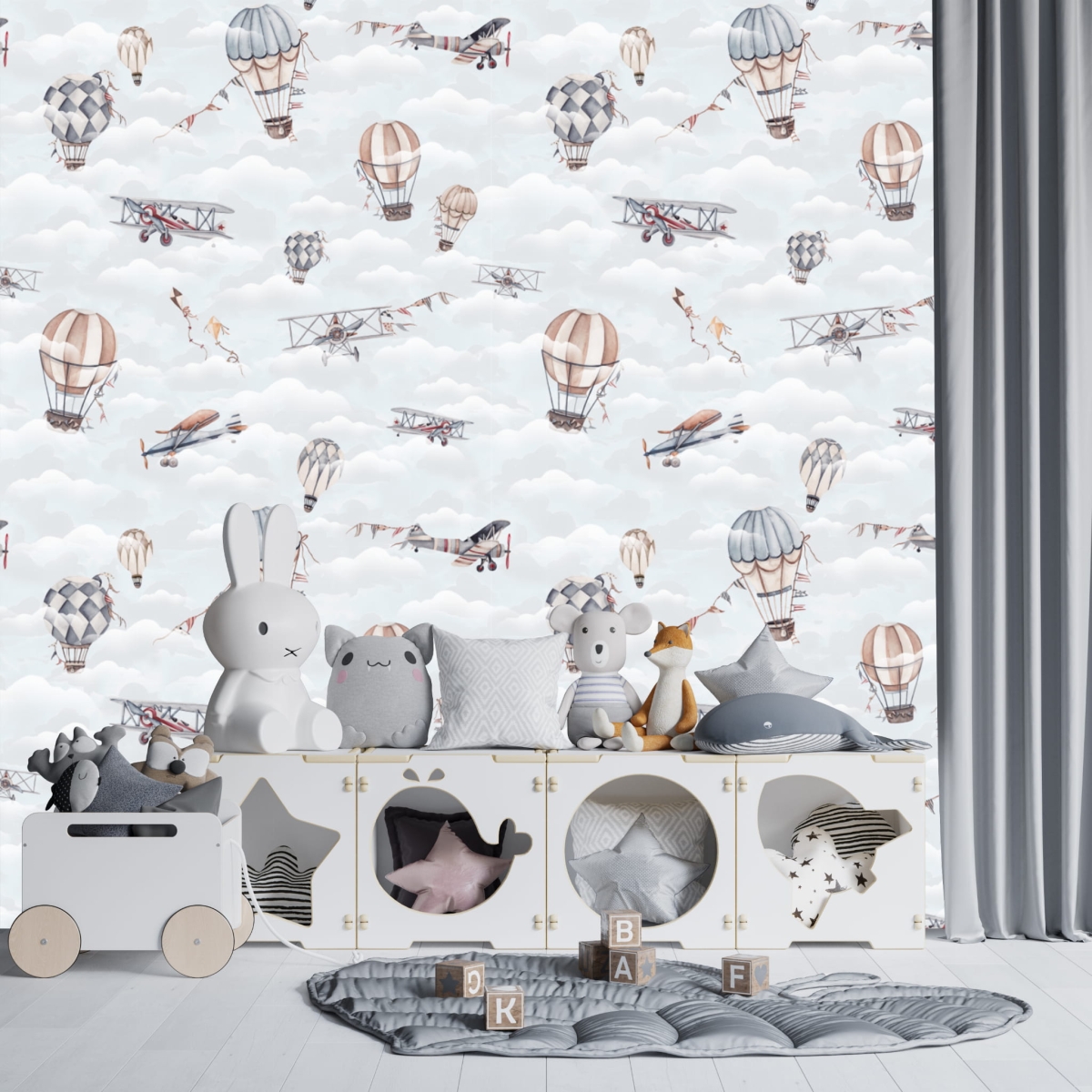 Tapeta dla chłopca samoloty, retro balony latawce błękit.jpg