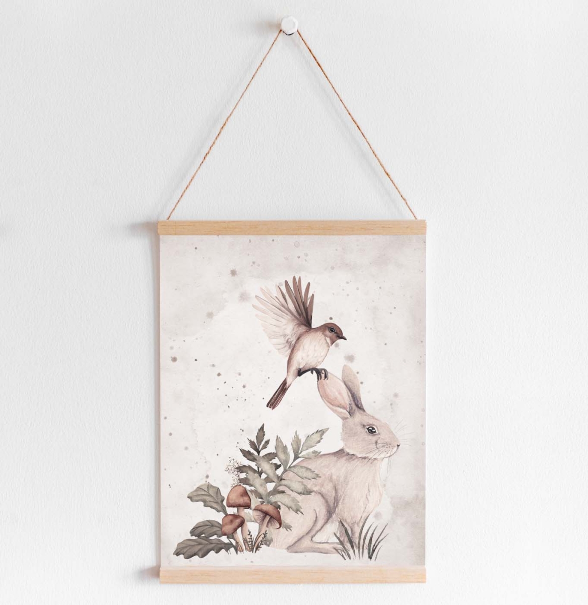 Dekoracyjny plakat z królikiem, ptakiem i roślinnością do pokoju dziecka