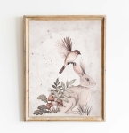 Plakat z zajączkiem i ptaszkiem w stylu woodland – ilustracja akwarelowa dla dzieci