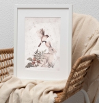 Akwarelowy plakat z leśnym motywem – zajączek i ptaszek w naturalnych barwach