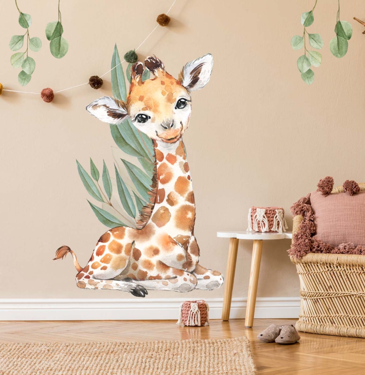 Żyrafa liście akwarela savanna - Naklejka na ścianę, naklejka ścienna.jpg