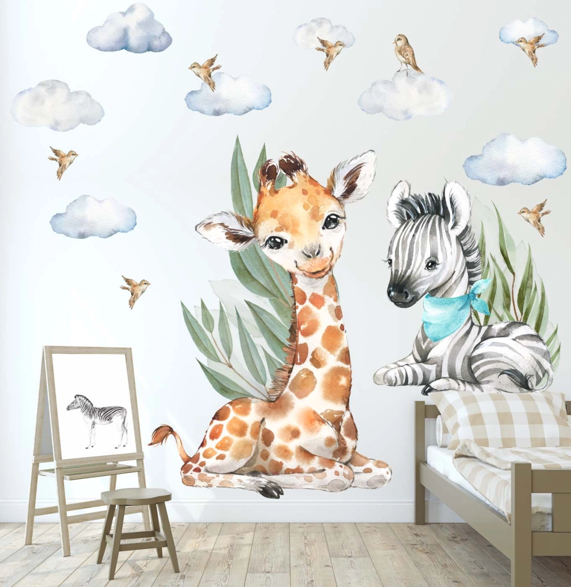 Żyrafa, zebra liście akwarela savanna DK165 - Naklejka na ścianę, naklejka ścienna.jpg