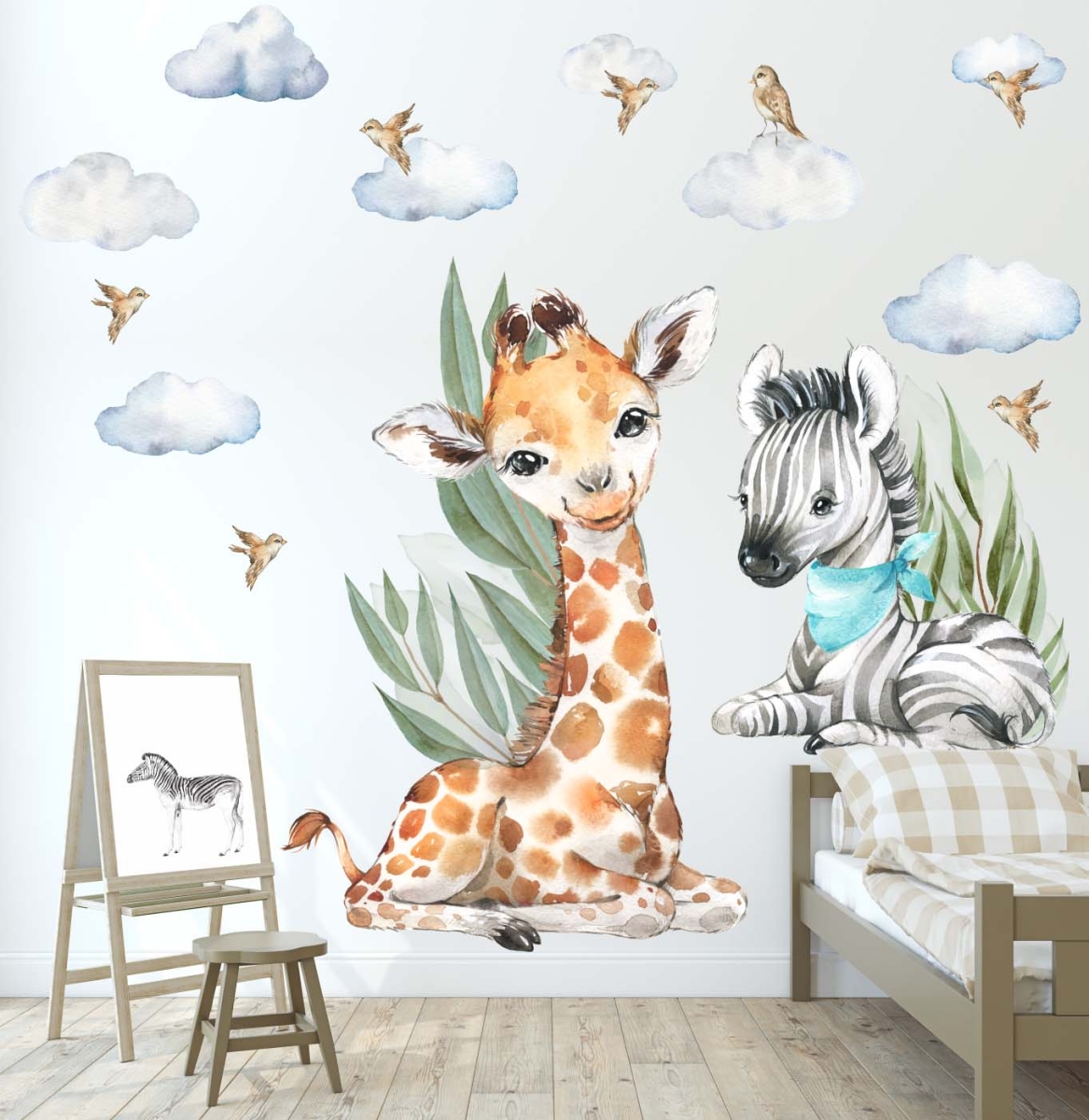 Żyrafa, zebra liście akwarela savanna DK165 - Naklejka na ścianę, naklejka ścienna.jpg