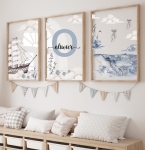 Zestaw obrazków marynistycznych dla dzieci z literą i statkiem – Mała Pracownia