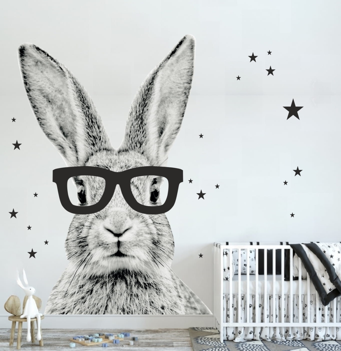 Królik czarno-biały w okularach gwiazdki - Naklejka na ścianę, naklejka ścienna.jpg