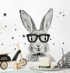 Królik czarno-biały w okularach gwiazdki - Naklejka na ścianę.jpg