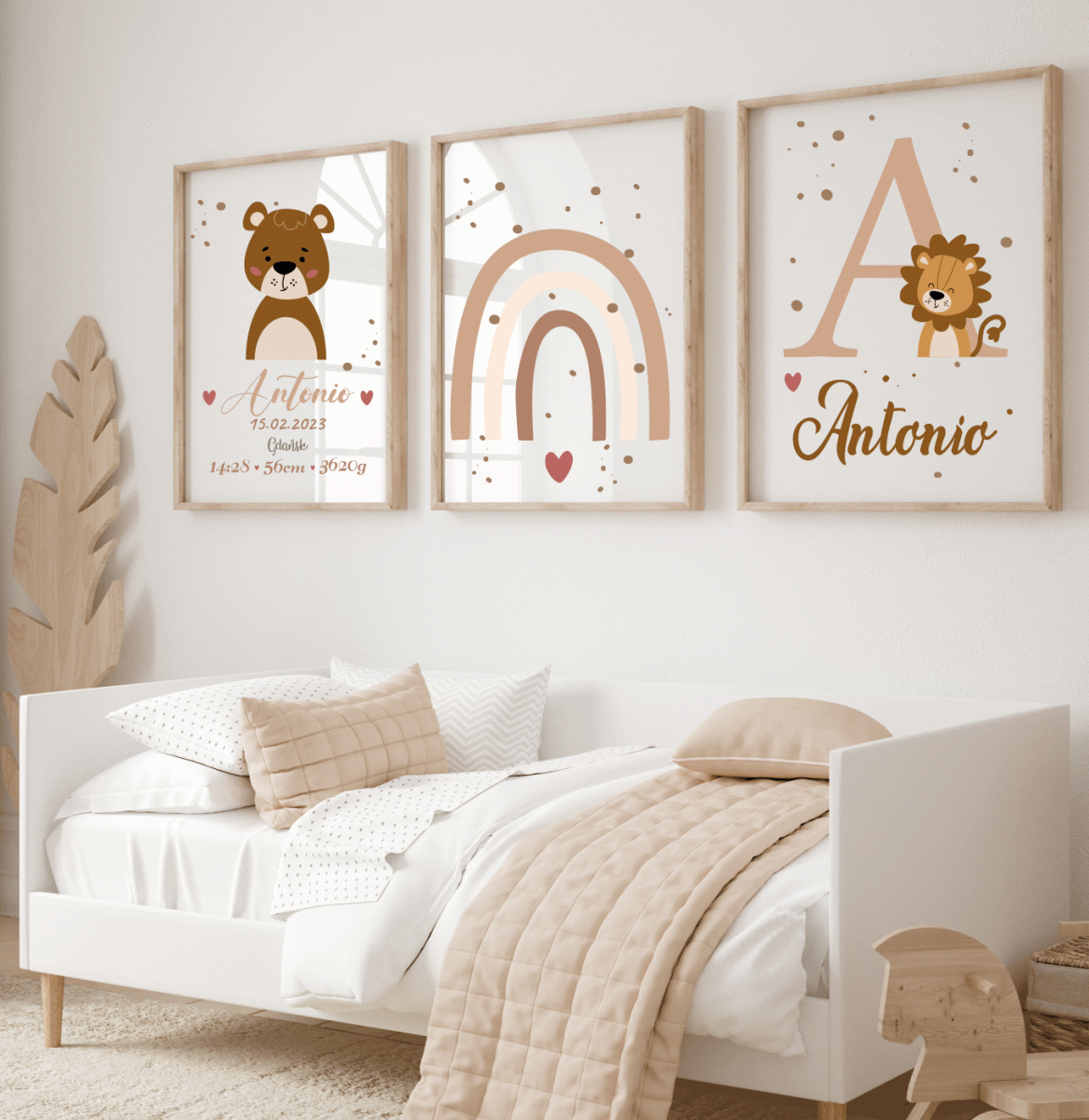 Zestaw 3 plakaty lew, tęcza, miś Boho Imię dziecka.gif