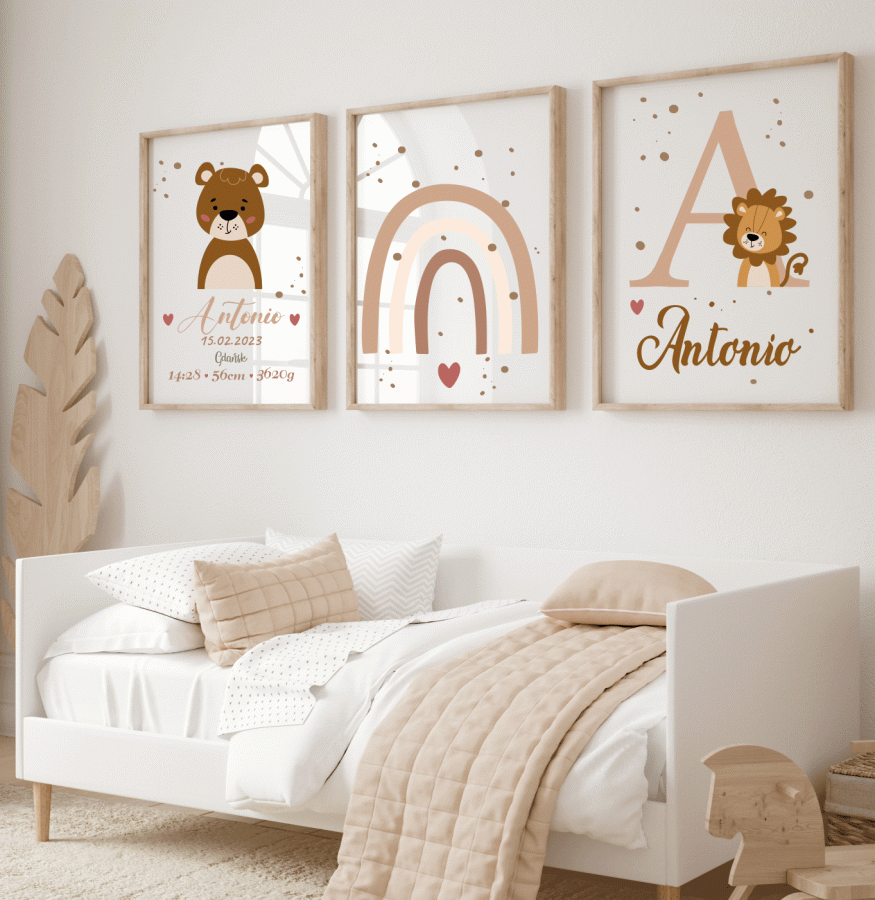 Zestaw 3 plakaty lew, tęcza, miś Boho Imię dziecka.gif