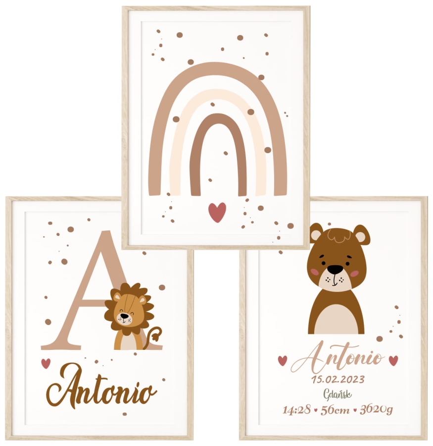Zestaw 3 plakaty lew, miś, tęcza Boho Imię dziecka.jpg