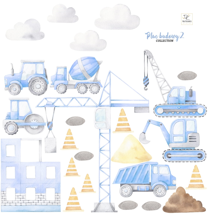 Naklejka ścienna dla dzieci Plac budowy II w kolorze niebieskim z maszynami budowlanymi