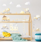 Naklejka na ścianę dla dzieci Plac budowy żółty II – koparka, dźwig, wywrotka