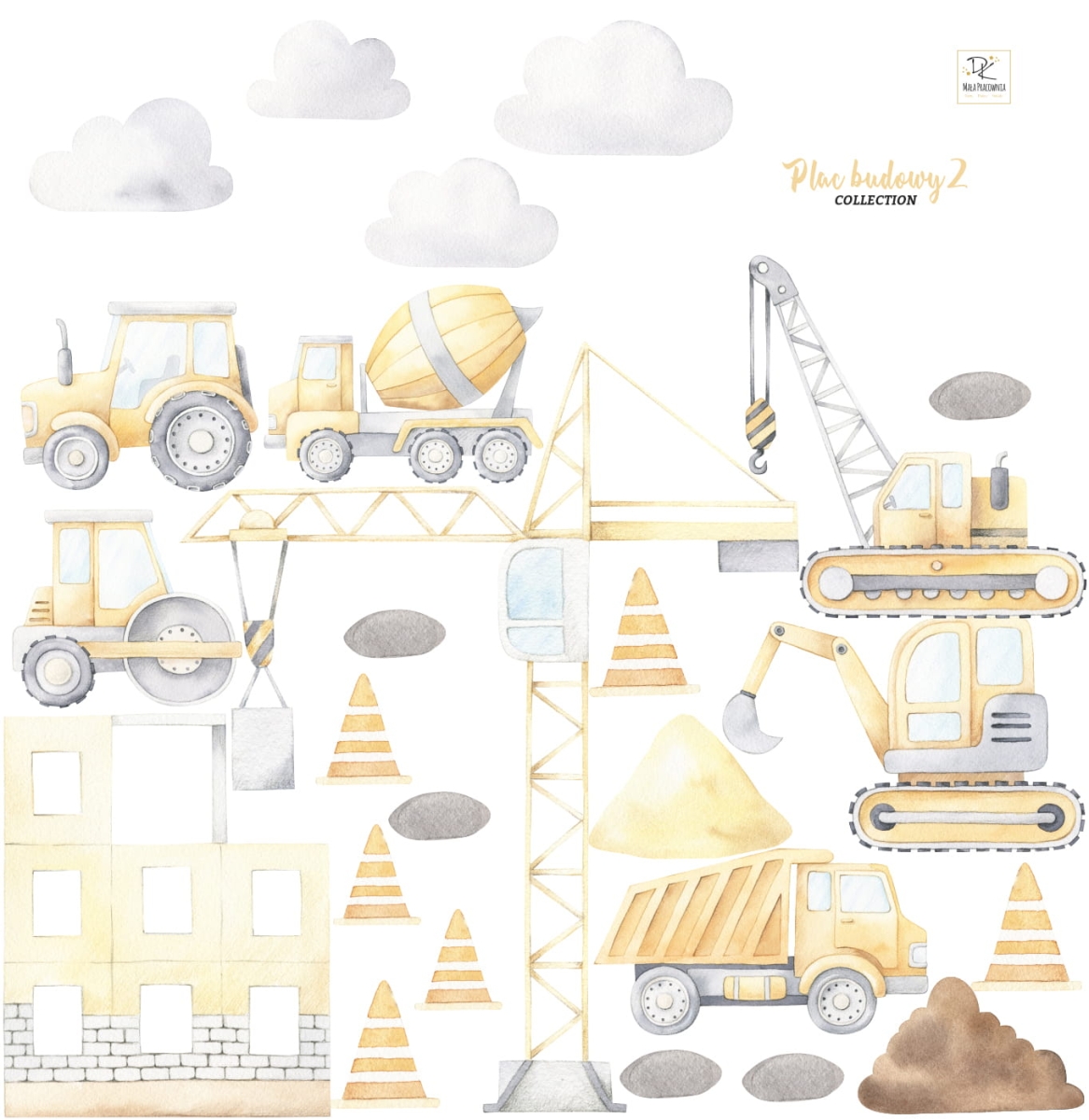 Naklejki ścienne Plac budowy dla dzieci – koparka, dźwig, betoniarka, maszyny budowlane