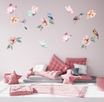 Dekoracja ścienna motylki, ptaszki i kwiaty – naklejka na ścianę do pokoju dziecka