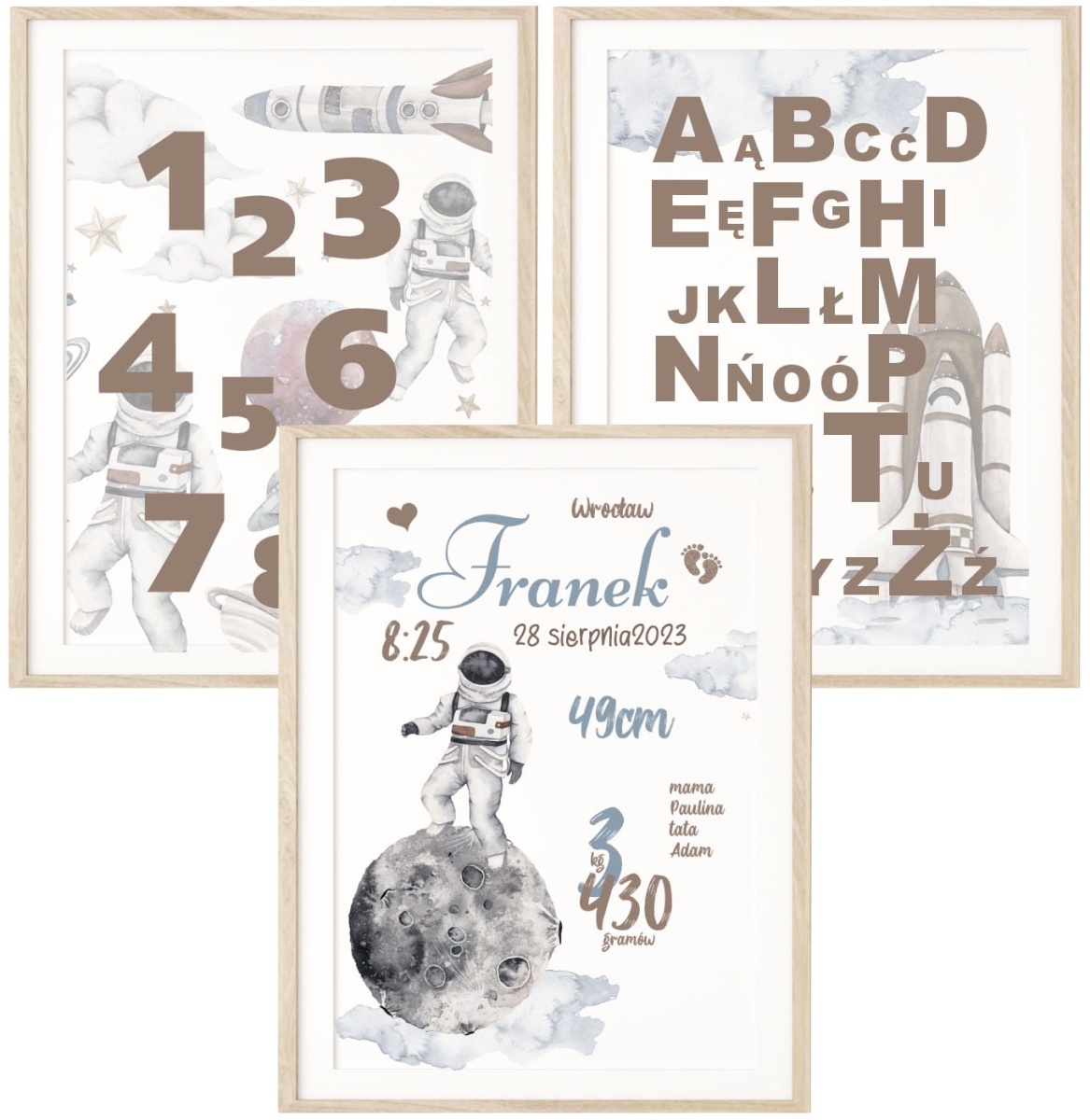 Zestaw 3 plakaty kosmos, planety, metryczka imię dziecka DK31.jpg