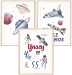 plakaty z metryczką kosmos Nr 7 tryptyk do pokoju chłopca
