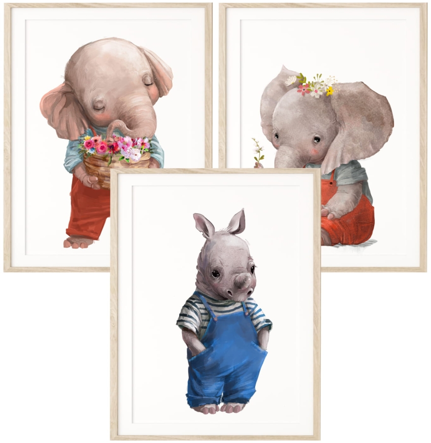 Zestaw 3 plakaty słonie i nosorożec.jpg