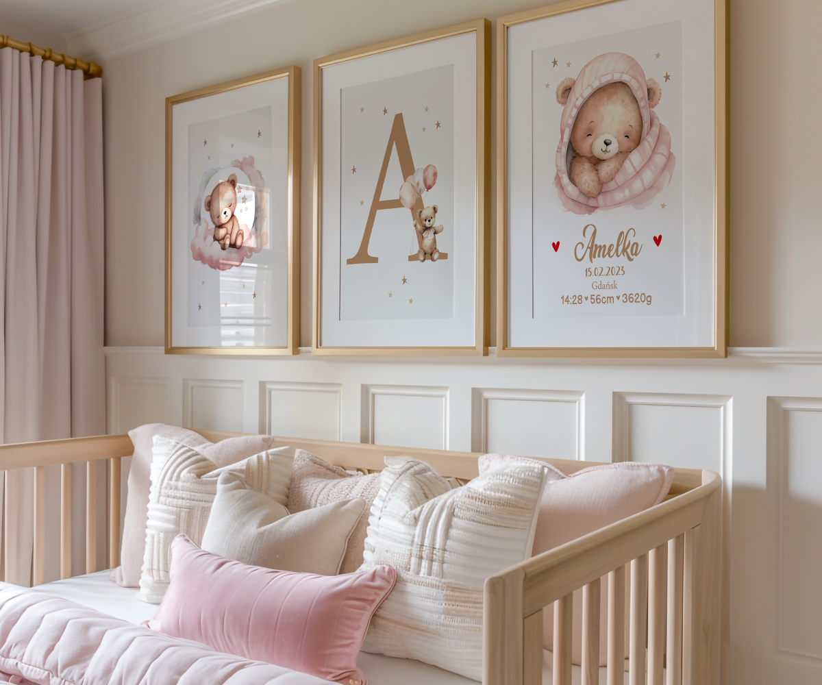 Zestaw 3 plakaty Misie z balonami róż dla dziewczynki, imię, metryczka Wzór 3.png