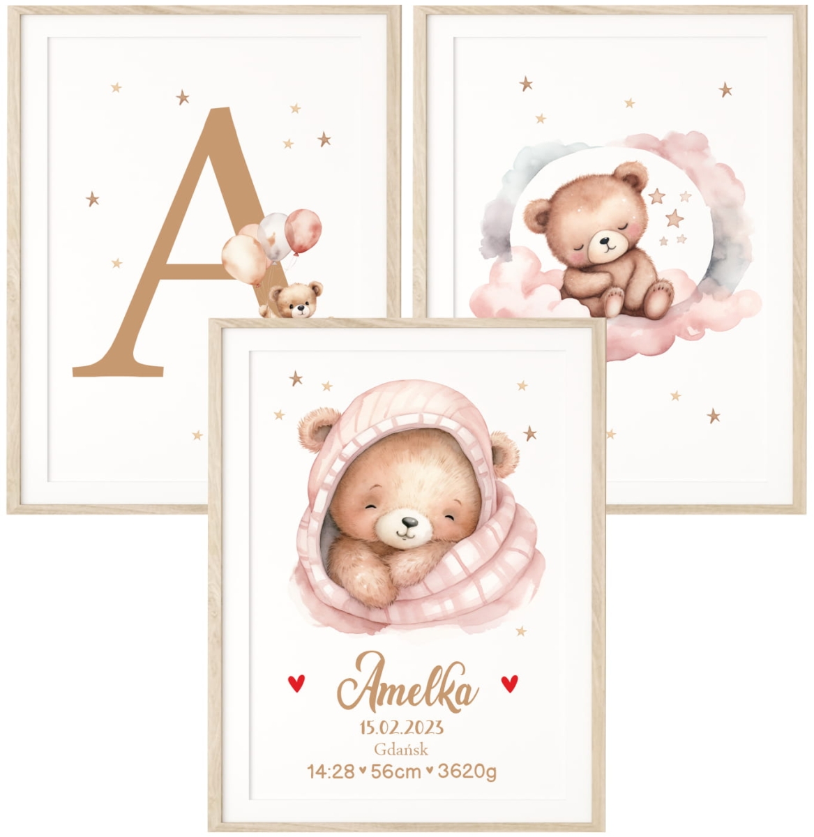 Zestaw 3 plakaty Misie z balonami róż dla dziewczynki, imię, metryczka Wzór 3.jpg