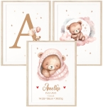 Zestaw 3 plakaty Misie z balonami róż dla dziewczynki, imię, metryczka Wzór 3.jpg
