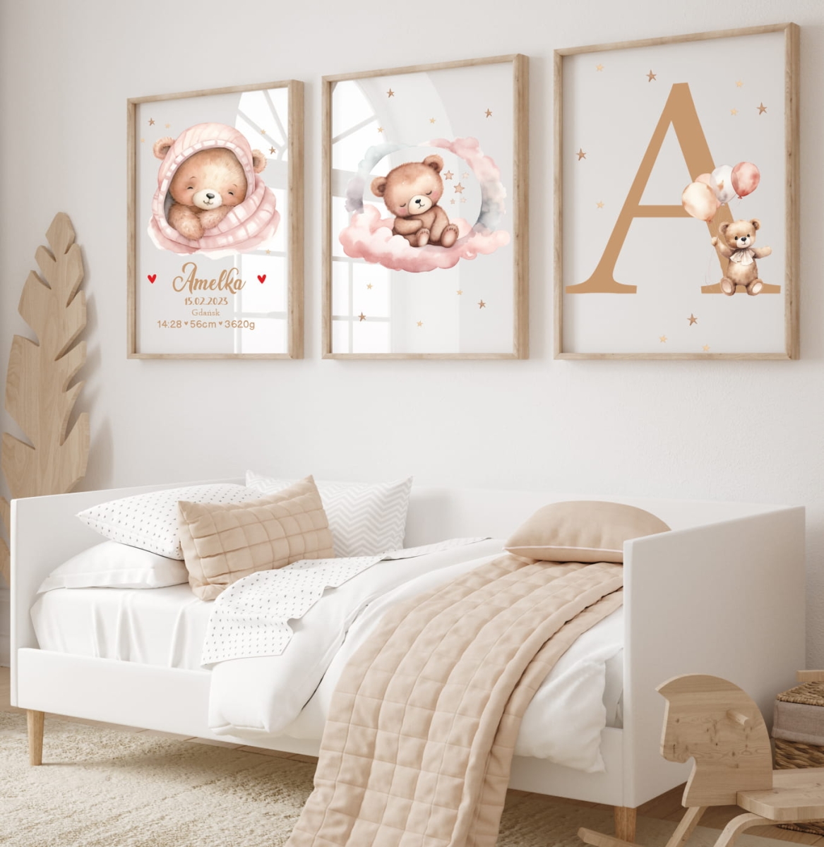 Zestaw 3 plakaty Misie z balonami róż dla dziewczynki, imię  Wzór 3.jpg