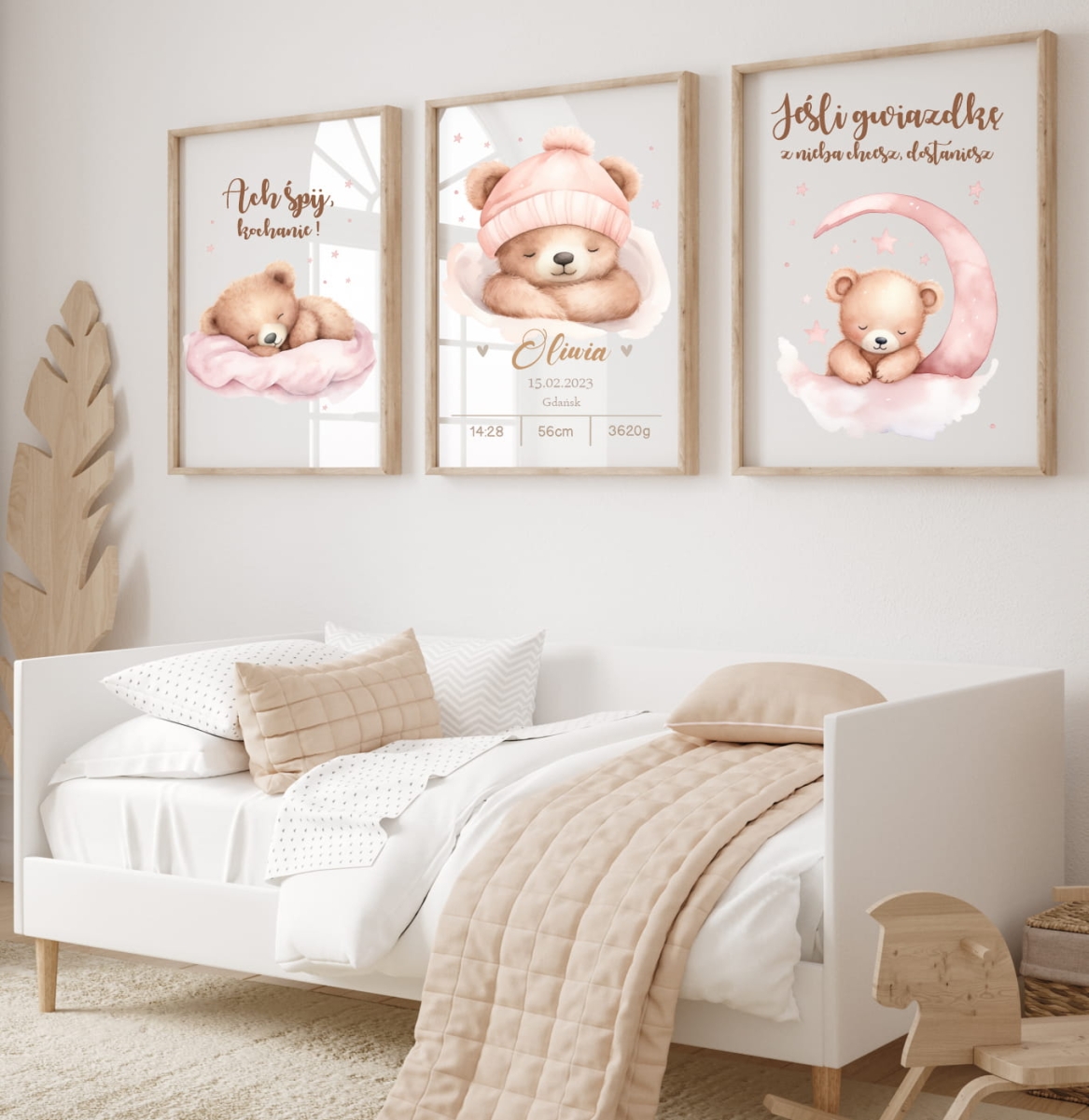 Zestaw 3 plakaty Misie z balonami róż dla dziewczynki, imię  Wzór 4.jpg