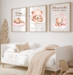 Zestaw 3 plakaty Misie z balonami róż dla dziewczynki, imię  Wzór 4.jpg