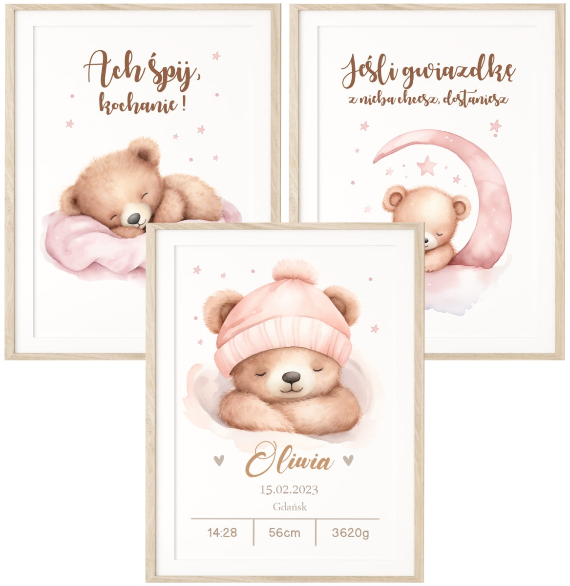 Zestaw 3 plakaty Misie z balonami róż dla dziewczynki, imię, metryczka Wzór 4.jpg