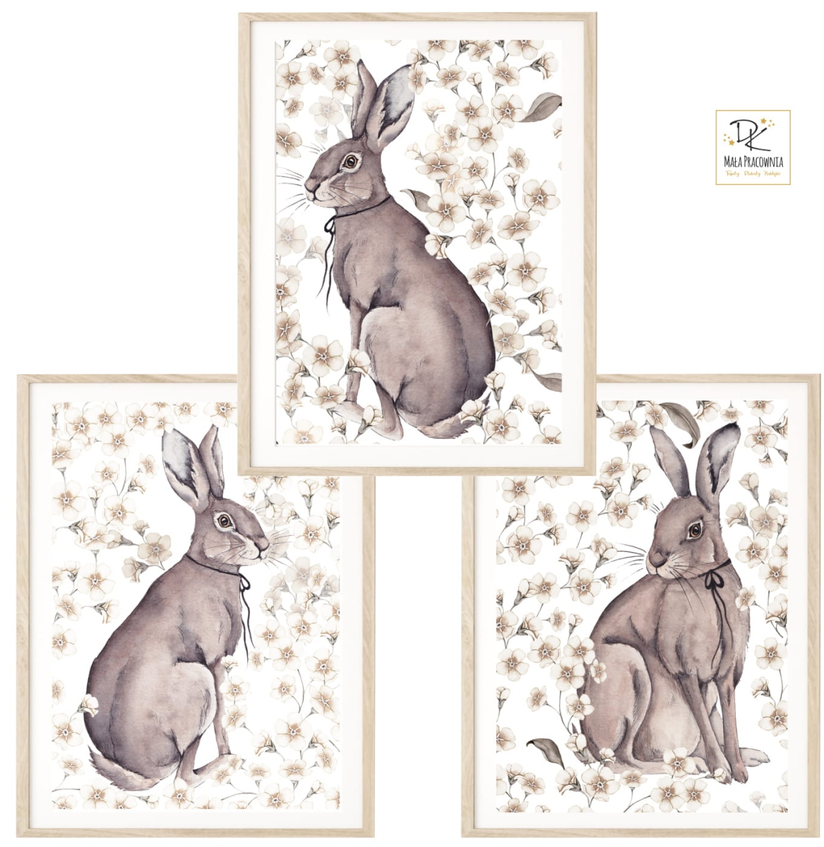 plakaty z zajączkami i kwiatami retro