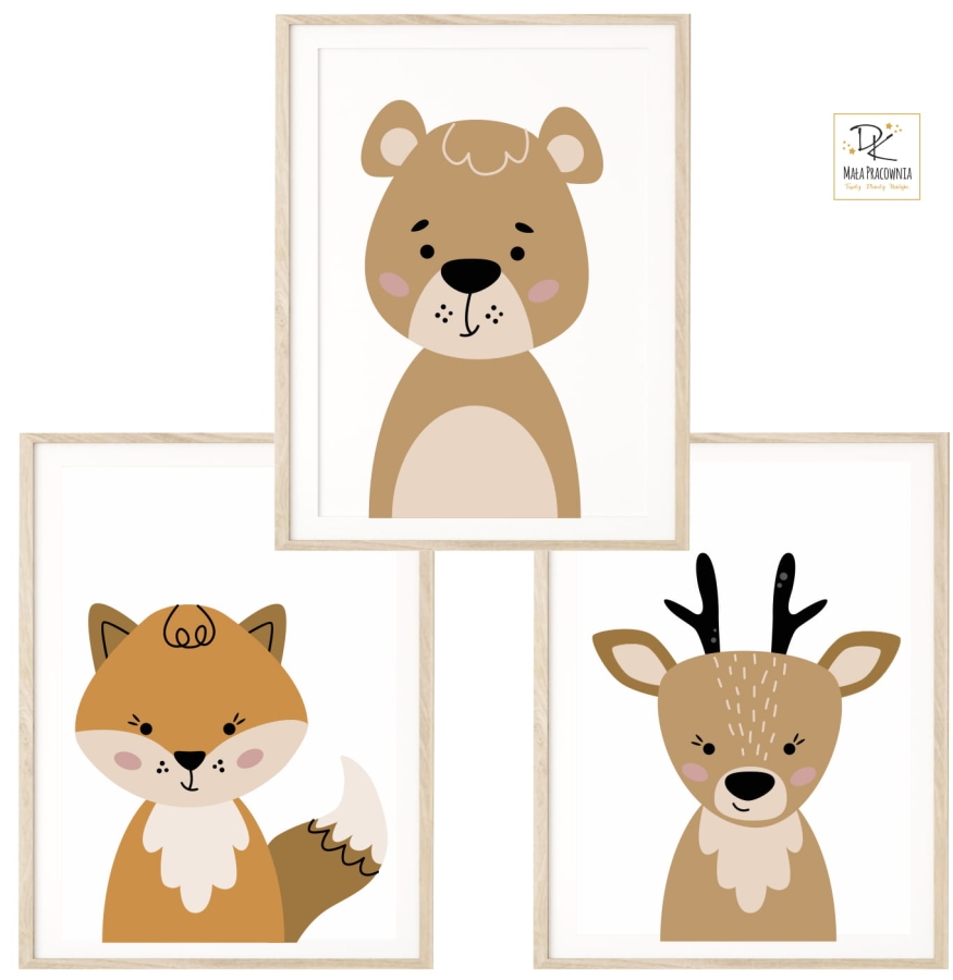 Zestaw 3 plakaty  Zwierzęta leśne lis, jeleń, miś Boho BOHO.jpg