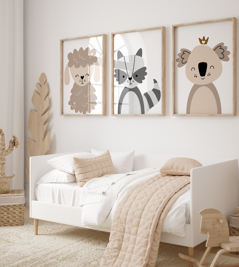 Zestaw 3 plakaty zwierzęta Koala, Owieczka, Szop, Boho beż, brąz.png