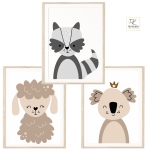 Zestaw 3 plakaty zwierzęta Owieczka, Szop, koala Boho beż, brąz.jpg