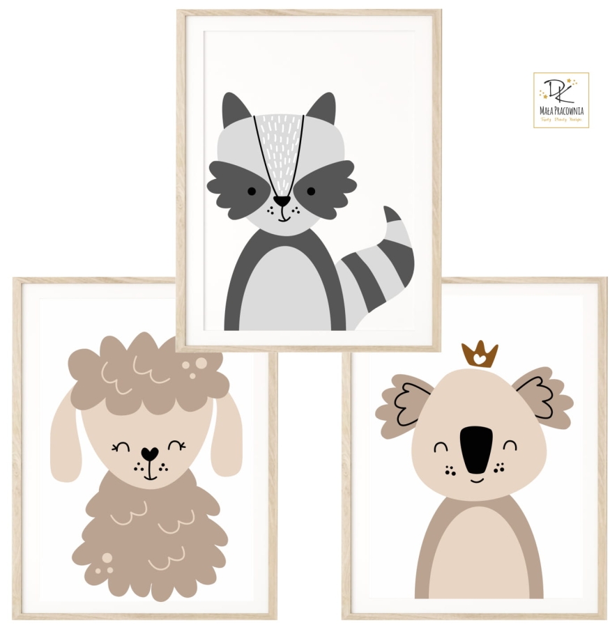 Zestaw 3 plakaty zwierzęta Owieczka, Szop, koala Boho beż, brąz.jpg