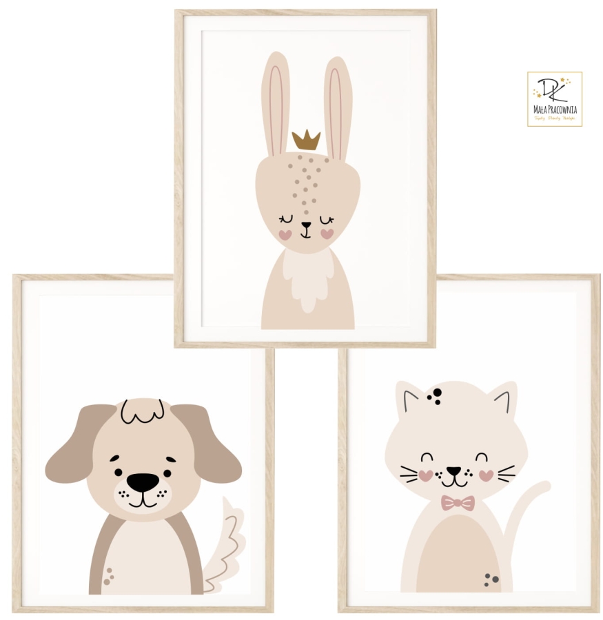 Zestaw 3 plakaty Zwierzęta Kot , Pies, Królik  Boho beż, brąz.jpg