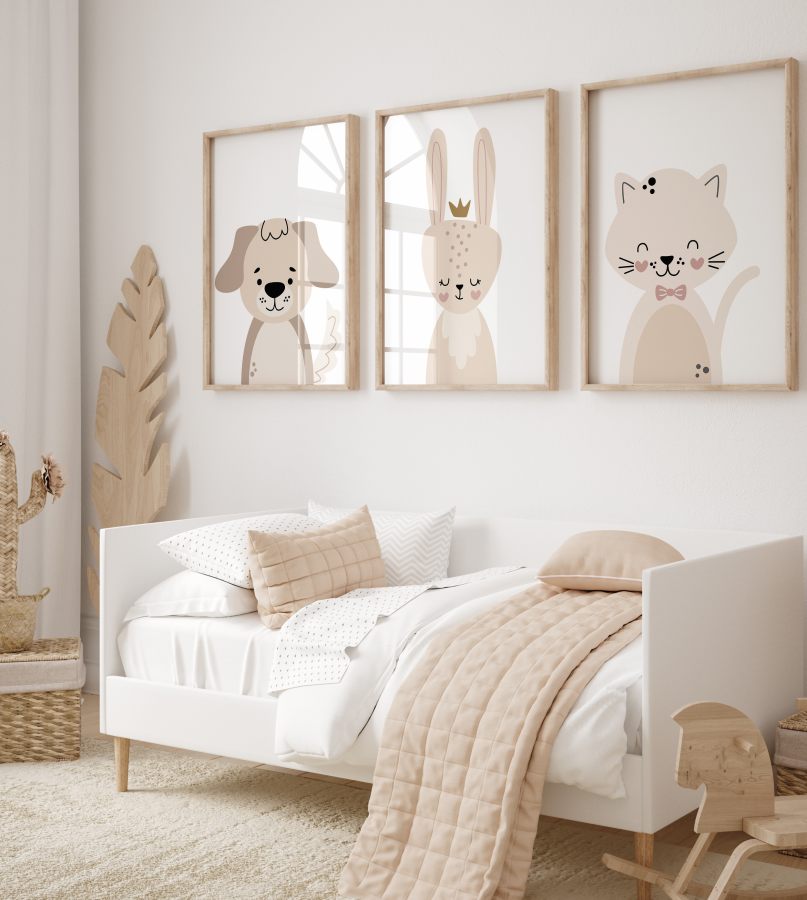 Zestaw 3 plakaty Zwierzęta  Pies, Kot, Królik  Boho beż, brąz.png