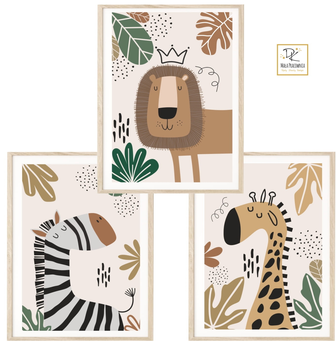 Zestaw 3 plakaty Zwierzęta Safari Boho Lew, Zebra, Żyrafa .jpg