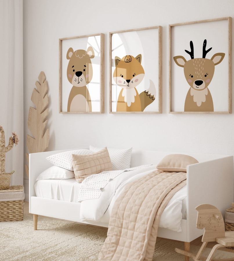 Zestaw 3 plakaty  Zwierzęta leśne lis, jeleń, miś Boho beż ,brąz.jpg