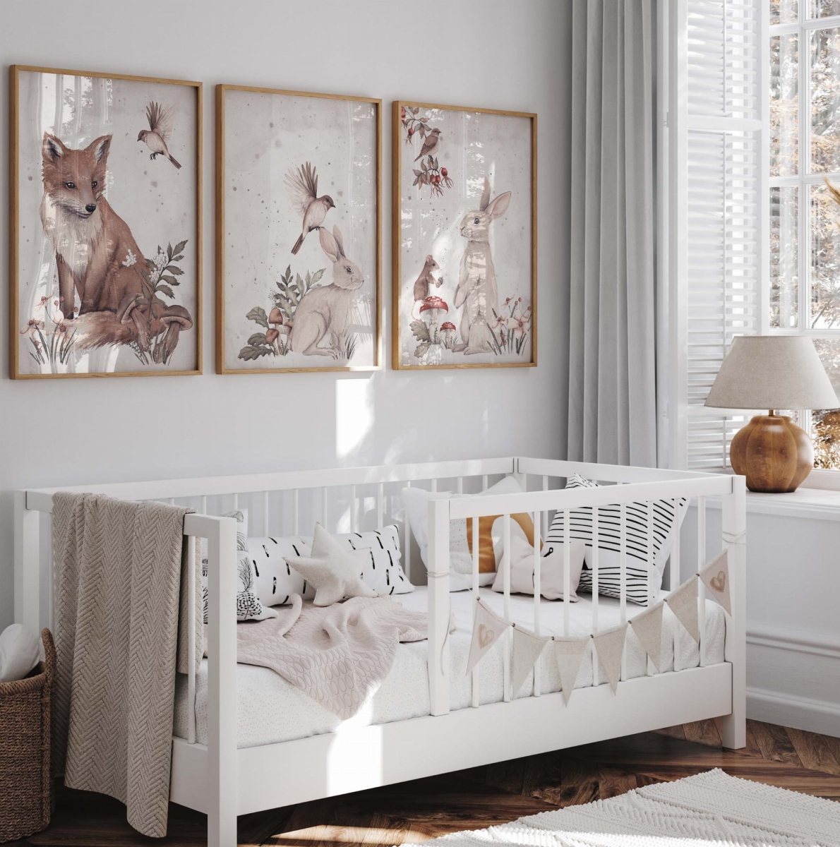 Zestaw plakatów woodland – tryptyk z leśnymi zwierzętami w akwareli