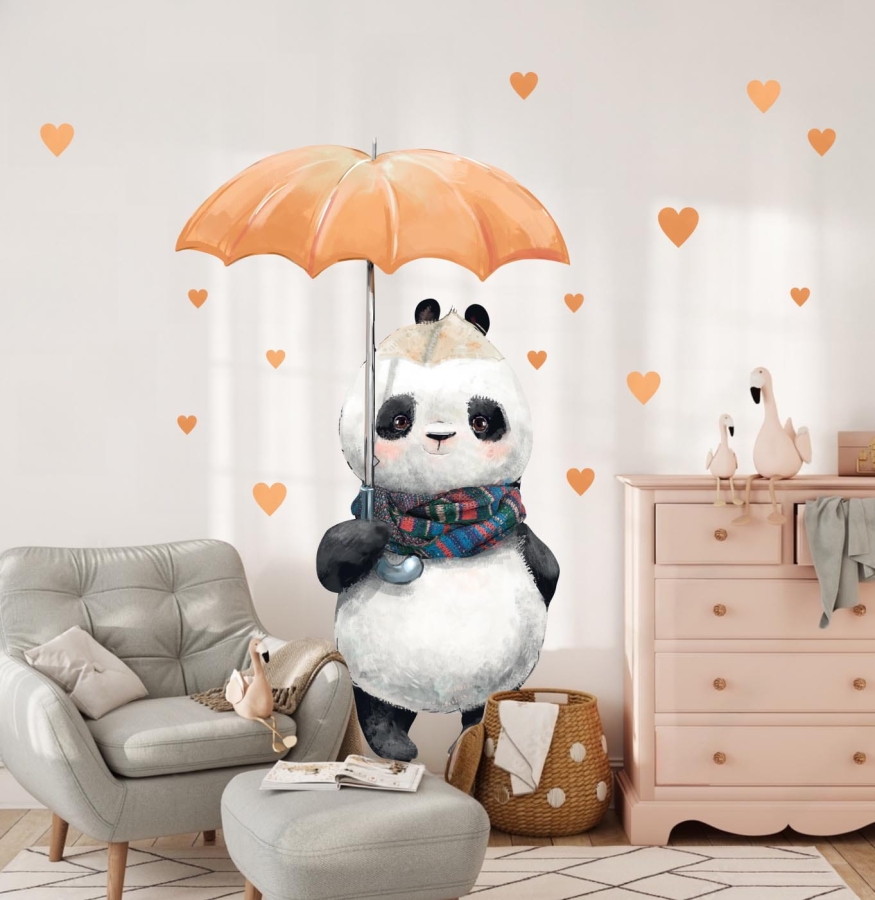 Naklejka na ścianę Panda z parasolką, serca.jpg