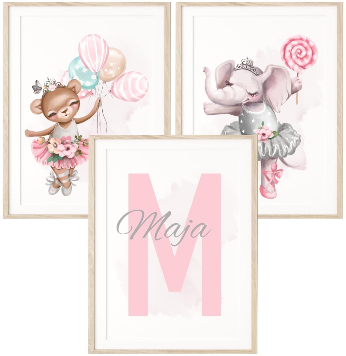 Zestaw 3 plakaty miś, słonik z balonikami Imię dziecka balet.jpg