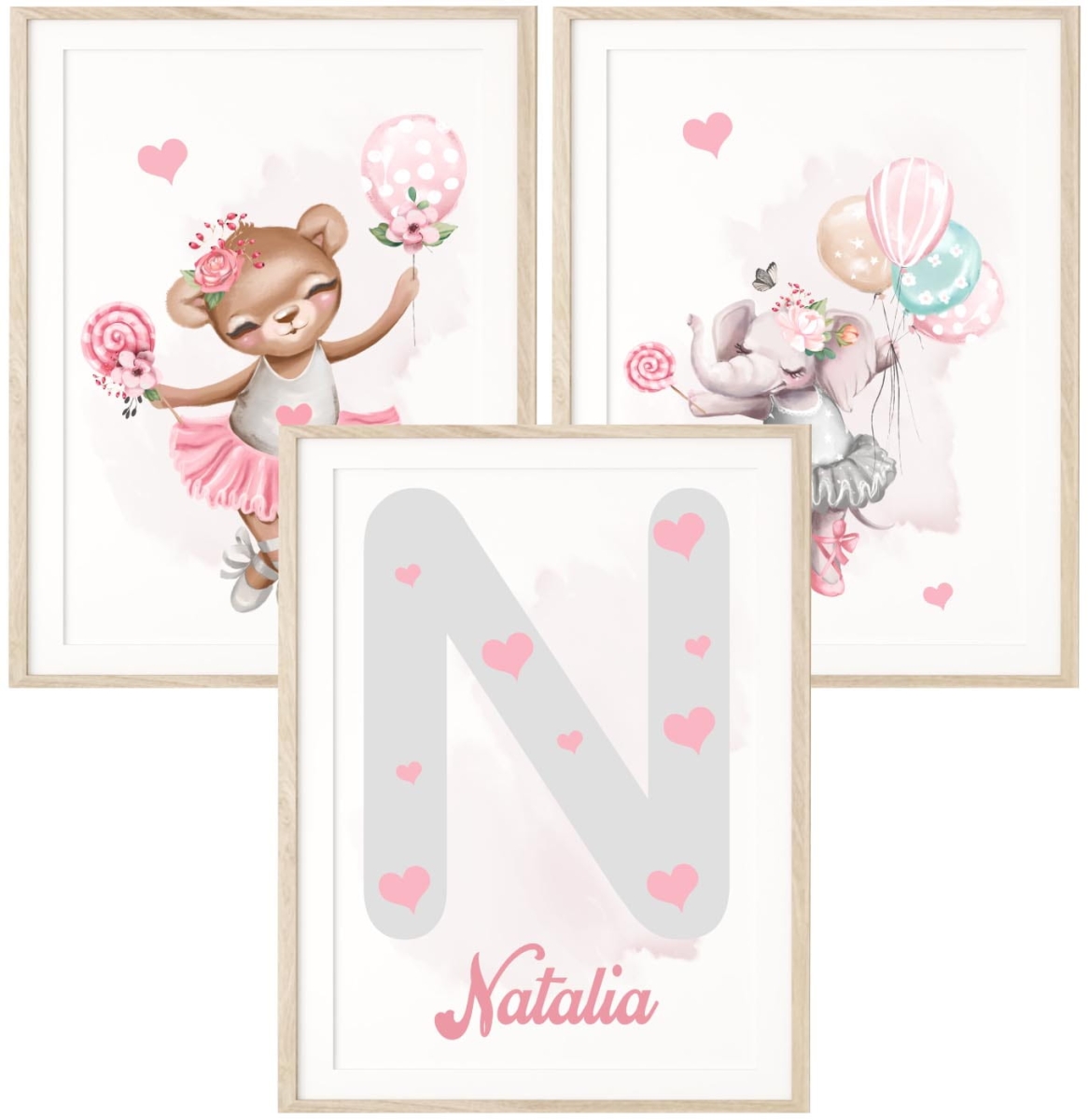 Zestaw 3 plakaty miś, słonik z balonikami Imię dziecka balet Nr.3.jpg