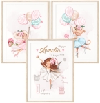 Zestaw 3 pastelowych plakatów – baletnica i kotek do pokoju dziecka